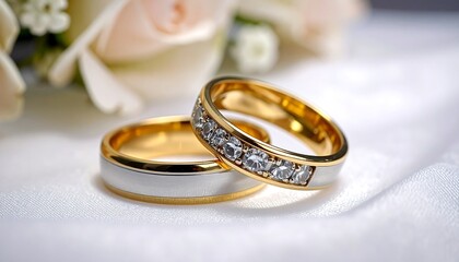 Elegant Wedding Rings Symbolizing Love and Commitment on White Fabric.