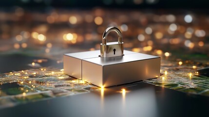 An abstract representation of a digital lock on a glowing globe, protecting interconnected networks