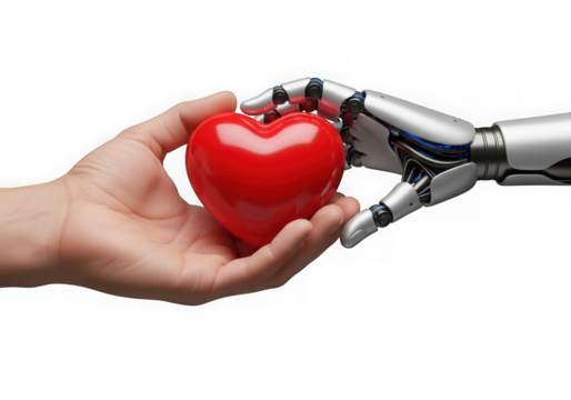 Human hand a red heart shape to a robotic hand, isolated on transparent background