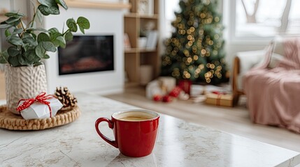 Warm red cup sits on a marble table in a cozy room with a beautiful Christmas tree decorated with lights in the background