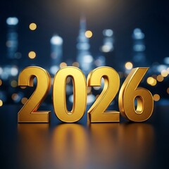 Golden 2026 numbers illuminated against a blurry cityscape