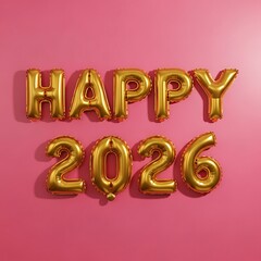 Golden balloons spell happy 2026 on a pink background