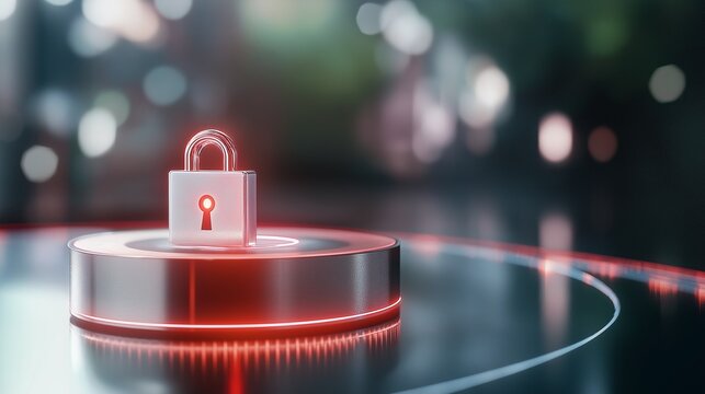 3D digital lock icon with bright neon outlines, protecting sensitive business and financial data stored on a secure digital device in a dark tech-based environment with encryption symbols