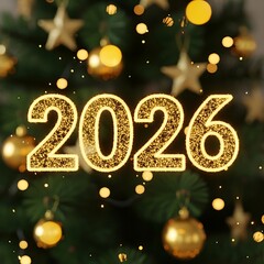 Sparkling golden 2026 numbers on a festive christmas tree background