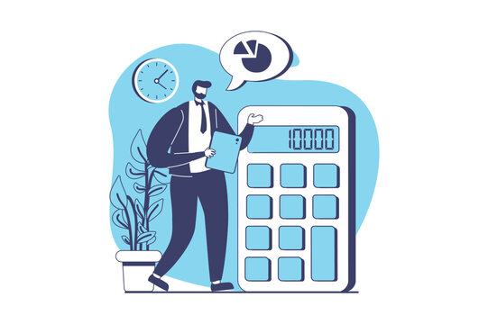 Analyzing budget web concept with flat people for website design. Man bookkeeping and calculating financial balance, accounting earning report with calculator, review statistics. Vector illustration.
