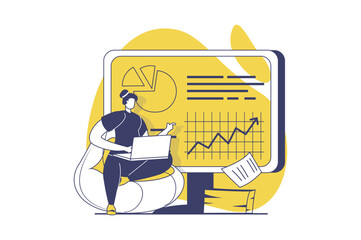 Business activities web concept with flat people for website design. Businesswoman analyzing financial chart with growth trend, making presentation report, developing startup. Vector illustration.