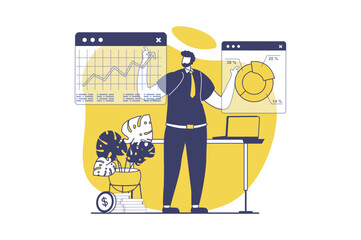 Business activities web concept with flat people for website design. Businessman analyzing financial diagram and chart with growth trend, making report and planning strategy. Vector illustration.
