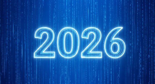 Bright Blue Glowing 2026 Digital Text Displayed Over a Dynamic Vertical Binary Rain Background Signaling Technological Advancement Innovation and the Arrival of the New Year - Powered by Adobe
