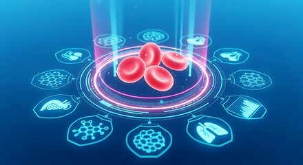 High-Tech 3D Rendering of Red Blood Cells Undergoing Digital Analysis Surrounded by Holographic Medical Icons Representing Genomics Cellular Structures and Integrated Diagnostic Systems on a