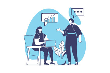 Business meeting web concept with flat people for website design. Businesswomen discussing financial data, making analysis, planning investments, colleagues work in partnership. Vector illustration.