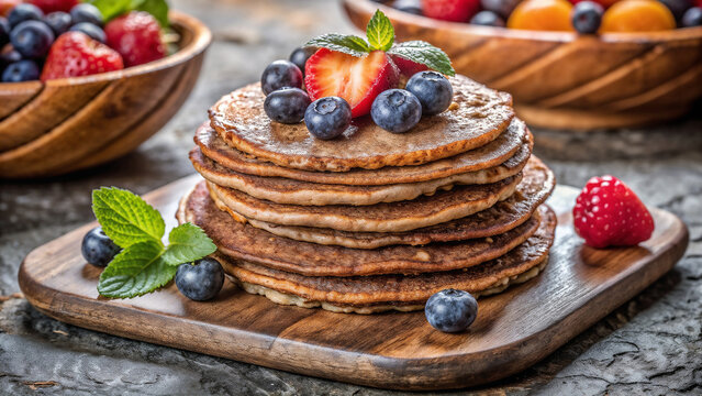 Delicious rustic buckwheat pancakes served with berries on wooden board. Rustic buckwheat pancakes recipe displayed with blueberries and strawberries for breakfast.