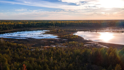 Aerial view of peat bogs on an autumn day
