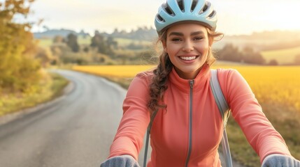 young woman cycling through a scenic countryside road, smiling and looking confident, with golden fields stretching into the distance