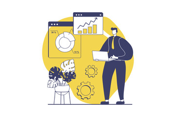 Business process web concept with flat people for website design. Businessman working with financial data, making report with graph research, investing money in company project. Vector illustration.