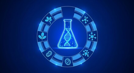 Advanced Genetic Research and Biotechnology Interface Featuring DNA Structure in a Conical Flask Icon Surrounded by Botanical and Microorganism Symbols in a Glowing Blue HUD