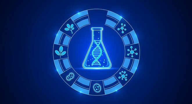 Advanced Genetic Research and Biotechnology Interface Featuring DNA Structure in a Conical Flask Icon Surrounded by Botanical and Microorganism Symbols in a Glowing Blue HUD