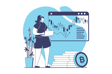 Cryptocurrency mining web concept with flat people for website design. Woman analyzing financial data at bar charts, sell and buy bitcoins and digital coins, increase profit. Vector illustration.