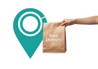 Hand holding a brown paper bag food delivery text near a location pin icon, isolated on transparent background