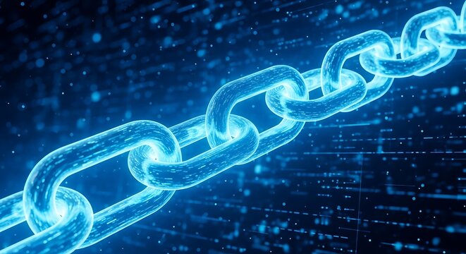 Futuristic Digital Chain Links Representing Secure Blockchain Technology Connection and Data Integrity Flowing Through Abstract Blue Particle Streams and Glowing Light Effects