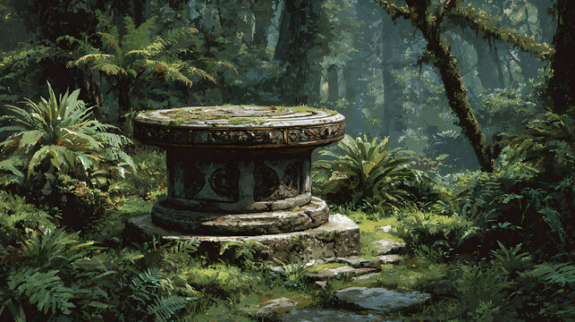 ancient stone altar in jungle, digital art illustration, Generative AI