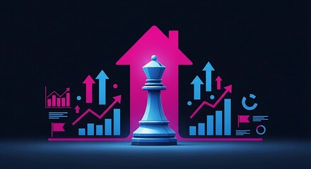 Powerful Business Strategy and Real Estate Growth Visualization with a Prominent Chess Queen Surrounded by Glowing Neon Bar Charts and Upward Moving Arrows