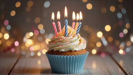 Birthday cupcake with lit candles, white frosting and colorful sprinkles on wooden surface. Festive celebration with bokeh lights in the background.