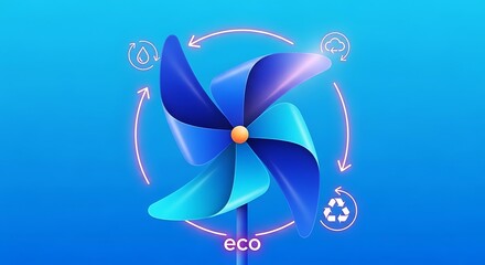 Vibrant Blue Pinwheel Whirligig Illustrating Environmental Sustainability and Circular Economy Concepts with Glowing Neon Icons for Water Droplet Recycling and Atmospheric Cloud Formation on