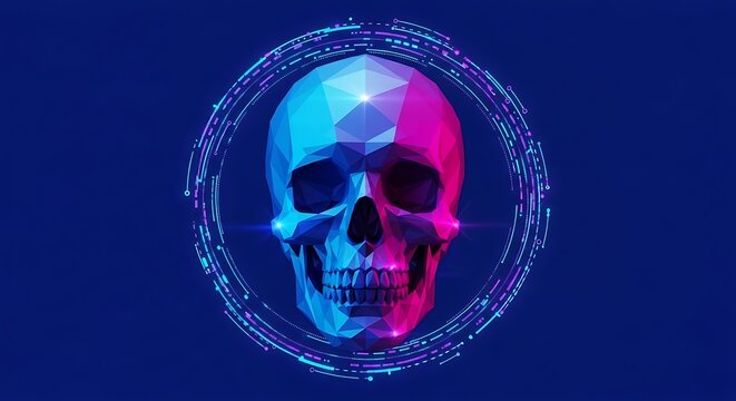 Polygonal Human Skull Rendered with Vibrant Duotone Neon Lighting Effects Surrounded by a Futuristic Circular Data Frame on a Deep Blue Background Professional High Quality Stock Content for