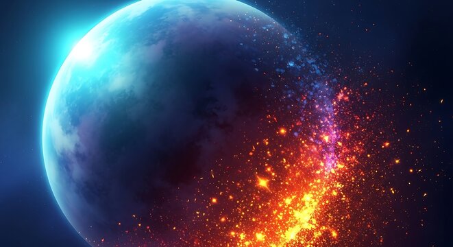 Vibrant Cosmic Energy Bursting Across A Distant Planet Surface Showing Intense Orange And Red Glowing Particles Exploding Into The Deep Dark Blue Universe With Bright Cyan Light Shining On T - Powered by Adobe