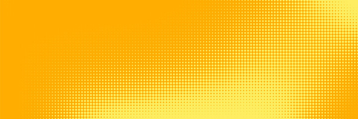 Yellow halftone pattern. Retro comic gradient background. Bright orange pixelated dotted texture overlay. Cartoon pop art faded gradient pattern. Vector backdrop for poster, banner. Modern