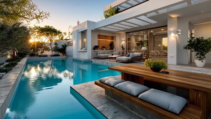 Elegant outdoor pool area features modern design, cozy seating, and stunning sunset views in a tranquil setting