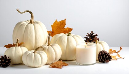 Elegant Autumn Still Life with White Pumpkins and Candles.
