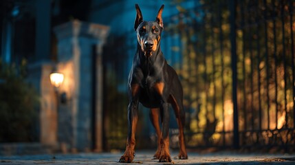 A doberman pinscher standing outdoors at night with a gate and lamp in the background behind it