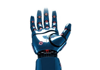 Robotic hand a blue cast on its forearm, isolated on transparent background