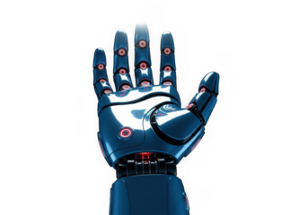 Robotic hand a blue cast on its forearm, isolated on transparent background