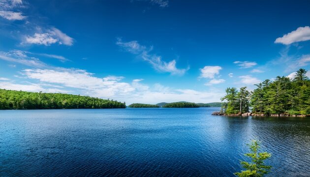 Breathtaking Summer Vista Of Rangeley Maine A Scenic Blend Of Lake Trees And Serene Waters Under A Vibrant Sky