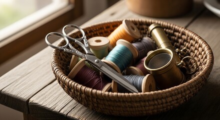 Sewing threads and scissors in wicker basket on wooden table  