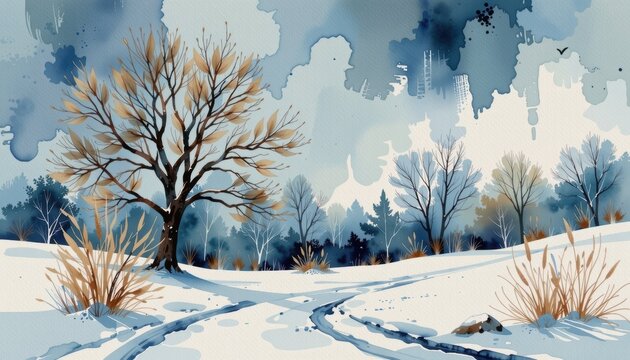 Artistic winter scene in tranquil landscape snowy woods digital illustration calm environment serene viewpoint - Powered by Adobe