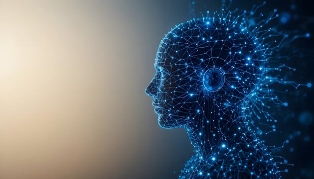 "Artificial Intelligence and Neural Network Concept – Human Head Silhouette with Glowing Circuits and Data Streams"