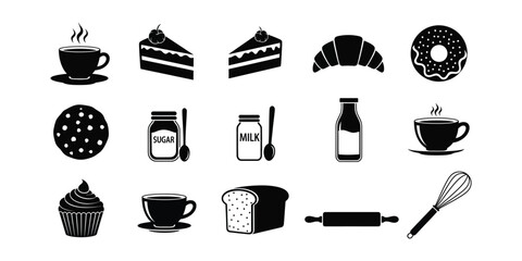 Collection of black and white hand drawn bakery and coffee shop icons and illustrations on a white background. food icon set. set of food icon.