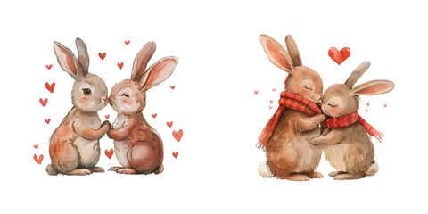 valentines couple bunnies watercolor vector illustration