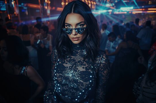 Futuristic cyberpunk model in illuminated lace bodysuit glowing under vivid nightclub lights