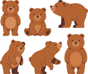 Cute cartoon brown bear characters in six different poses, playful animal illustrations, children’s design, wildlife, forest theme, vector art