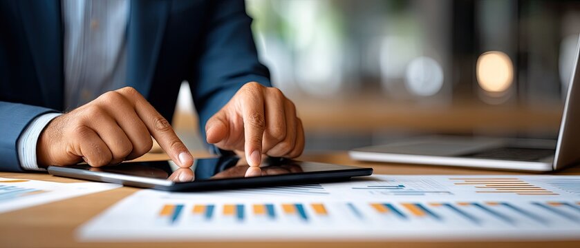 Individual interacts with a tablet screen displaying graphs and data in a bright office environment