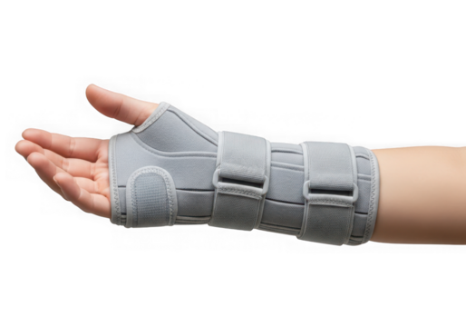 Person wearing a wrist brace for support pain relief isolated on transparent background