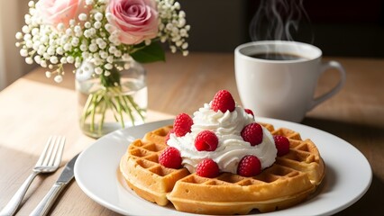 Waffle Topped With Whipped Cream And Fresh Raspberries On A White Plate, Accompanied By A Cup Of Coffee