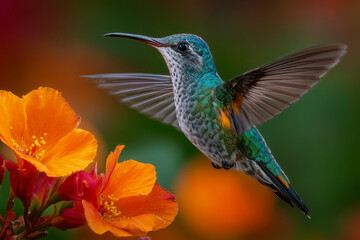 Naklejka premium Green hummingbird hovering among flowers. Colorful bird wildlife photography.