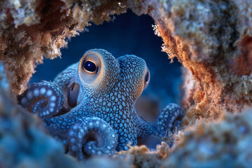 Close up of a blue octopus underwater. Aquatic wildlife photography.