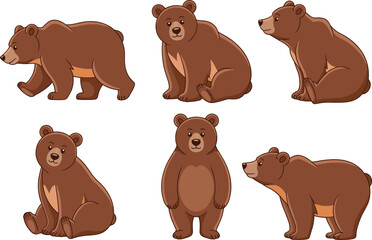 Cartoon brown bear illustrations, cute animal poses, sitting bear, walking bear, standing bear, wildlife character design, vector clipart bundle