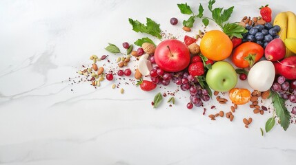 vibrant flat-lay of colorful fresh fruits, vegetables, nuts, and seeds arranged beautifully on a white marble background, symbolizing healthy eating